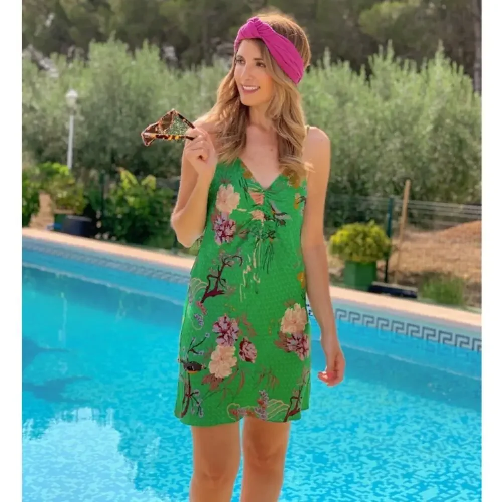 ZARA Green Floral Slip Mini Dress NWT – V-Neck Ruched Tie Spaghetti Strap, SZ M - Picture 6 of 16